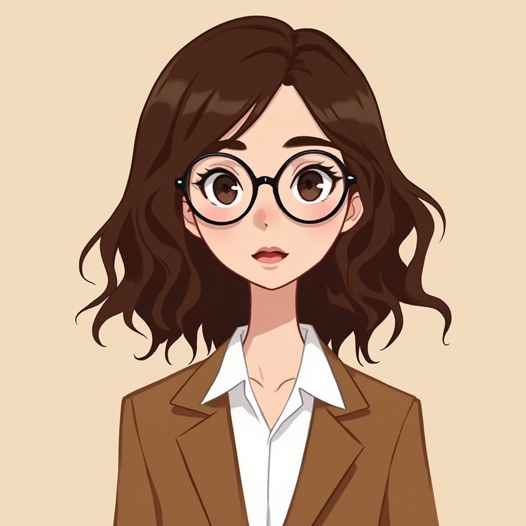 Create a detailed animated portrait of a young woman with brown hair styled in soft waves. She has large, expressive brown eyes behind stylish glasses, and her cheeks are naturally rosy. She is dressed in a brown blazer layered over a white shirt. The background features a subtle beige tone, drawing focus to the character herself. The glasses add an intellectual touch to her charming appearance, enhancing her overall look.