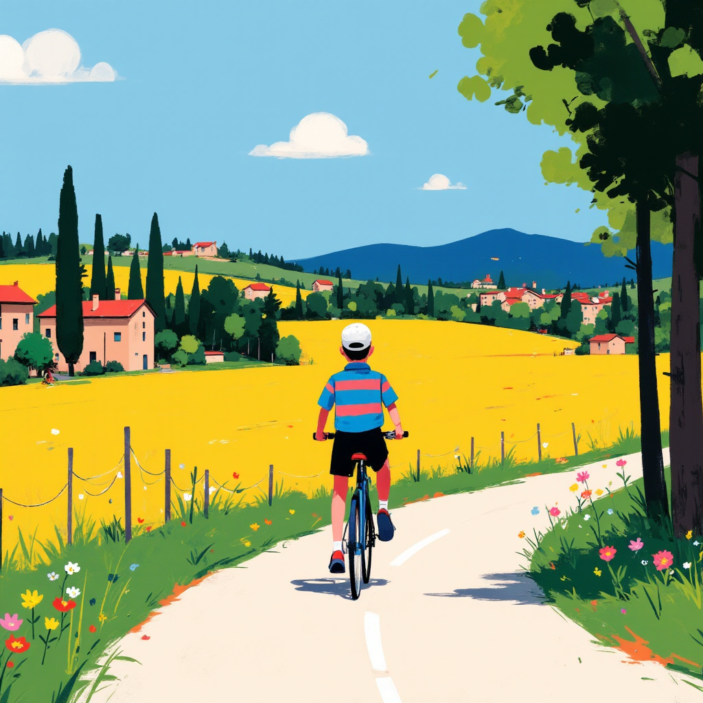 flat Illustration of a boy riding a bicycle on a country road in Tuscany,side view,summer,cozy style,sunny afternoon,new yorker magzine cover style, 1930's, vintage, art deco style